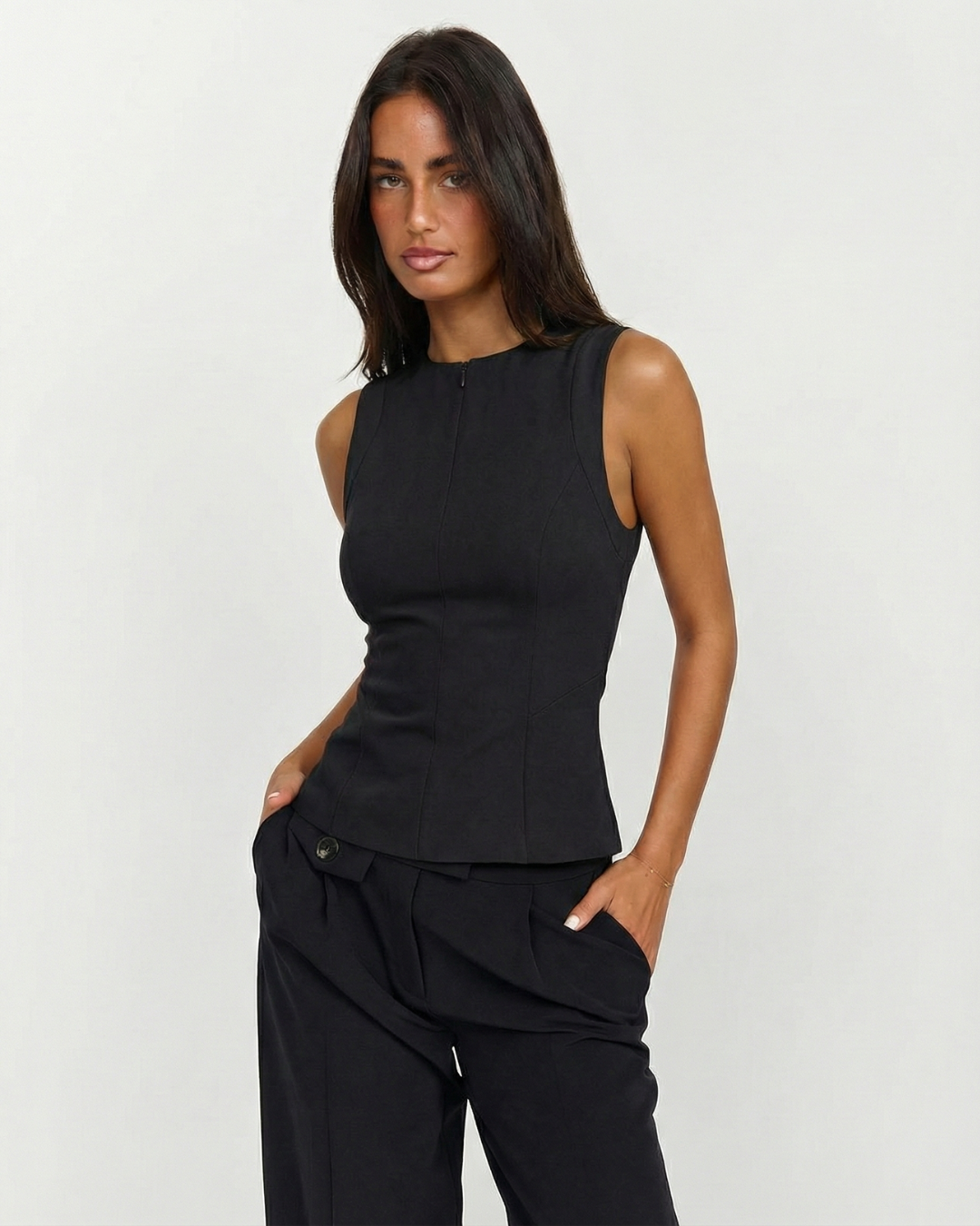 Abigail | High Neck Zip Front Tailored Peplum Top