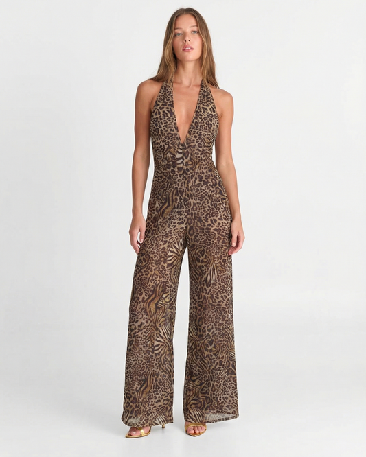 Margot | Leopard Print Jumpsuit Brown Halter Neck Wide Leg