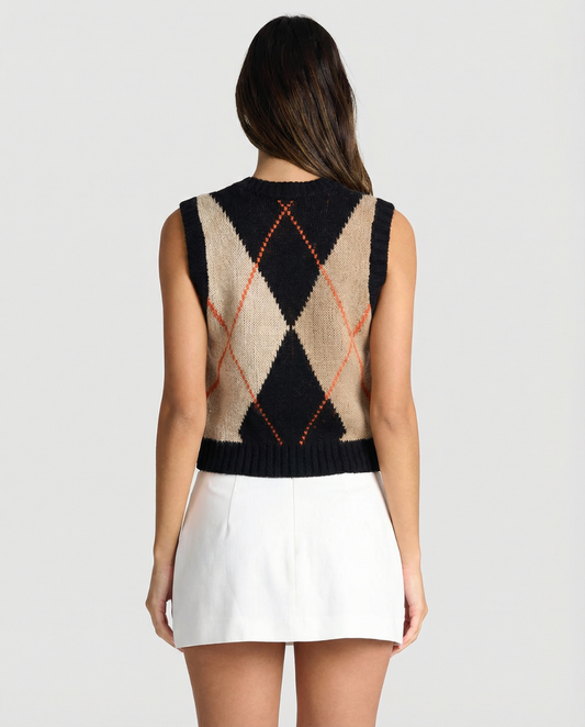 Sia | Argyle Knitted Vest Top Beige Black Sleeveless Crew Neck