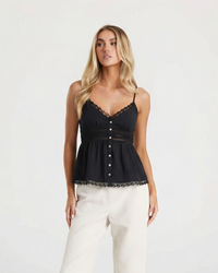 Pearl | Lace Trim Button-Front Peplum Cami Top