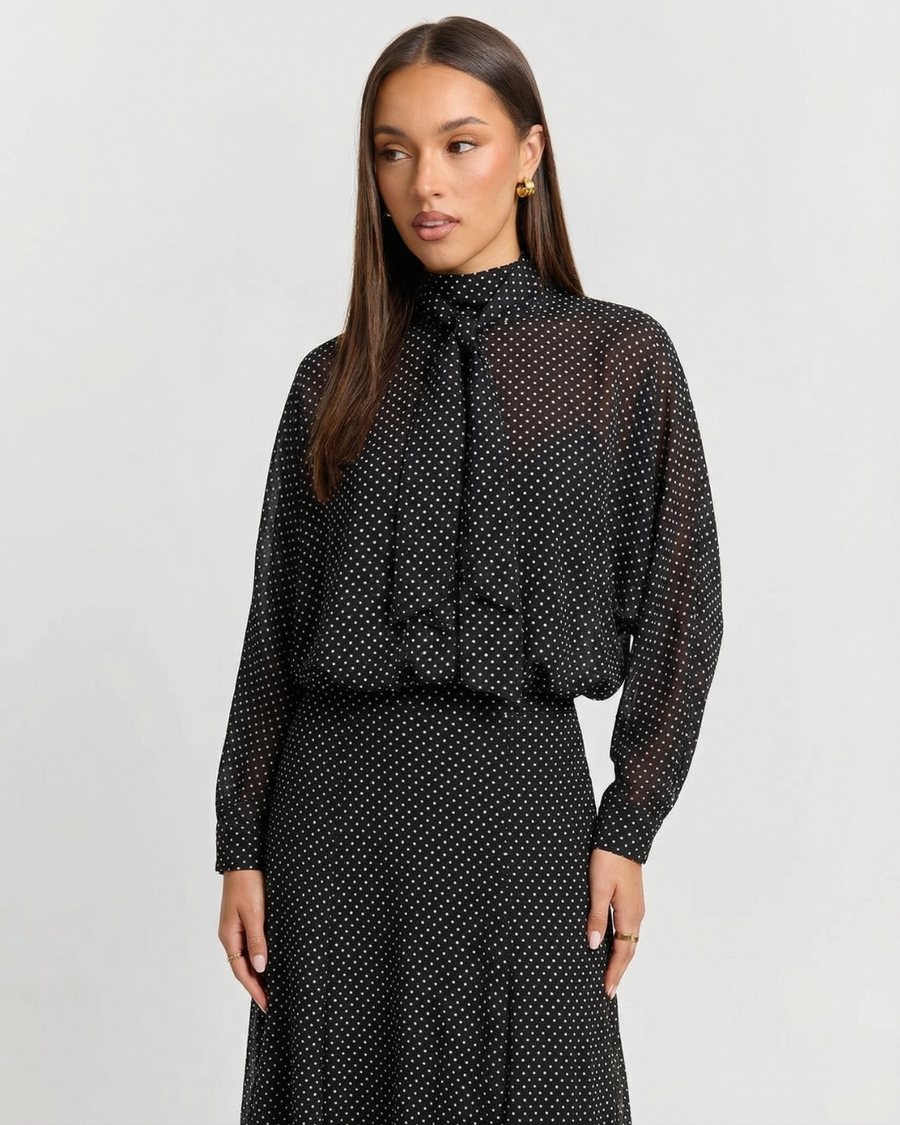 Lucy | Polka Dot Chiffon Tie Neck Matching Set