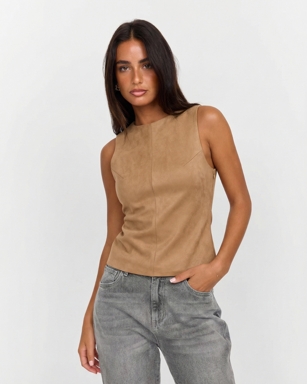 Viola | Vest Top Beige Sleeveless Fitted Suede