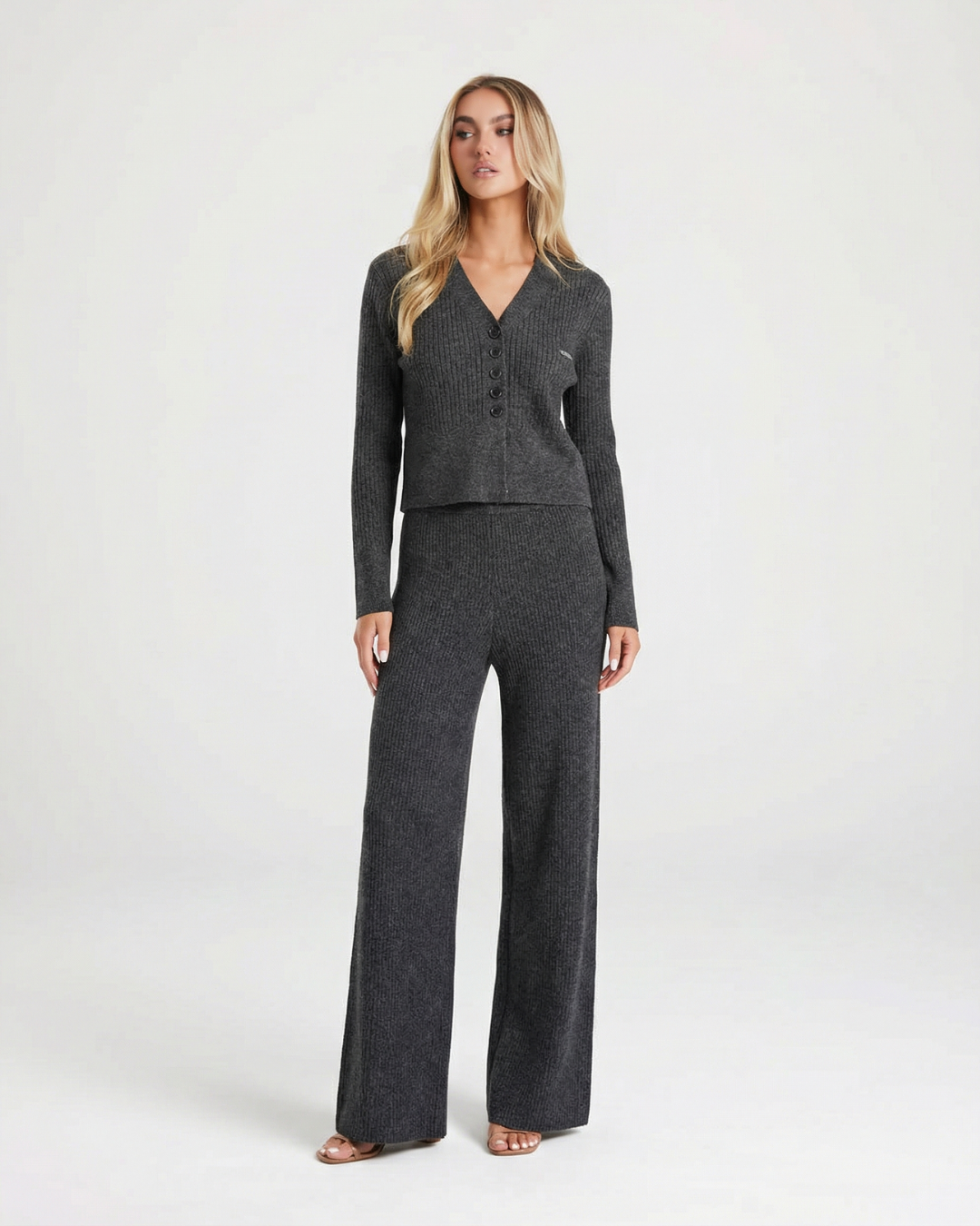 Lara | V-Neck Cardigan Ribbed Knit Wide Leg Co-ord Set