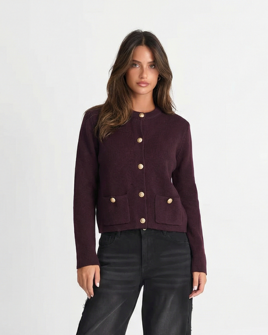 Vera | Cropped Cardigan Burgundy Button Front Long Sleeve