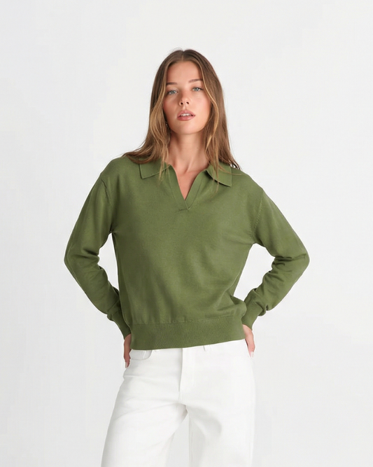 Margot | Olive Green Effortless Collared Knit Polo Jumper