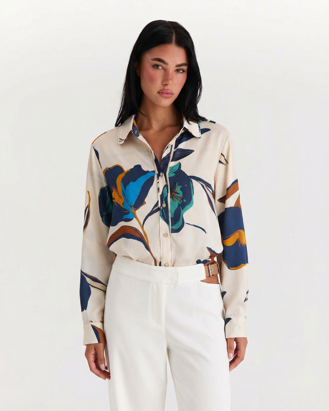 Margot | Printed Button Down Shirt Cream Floral Long Sleeve