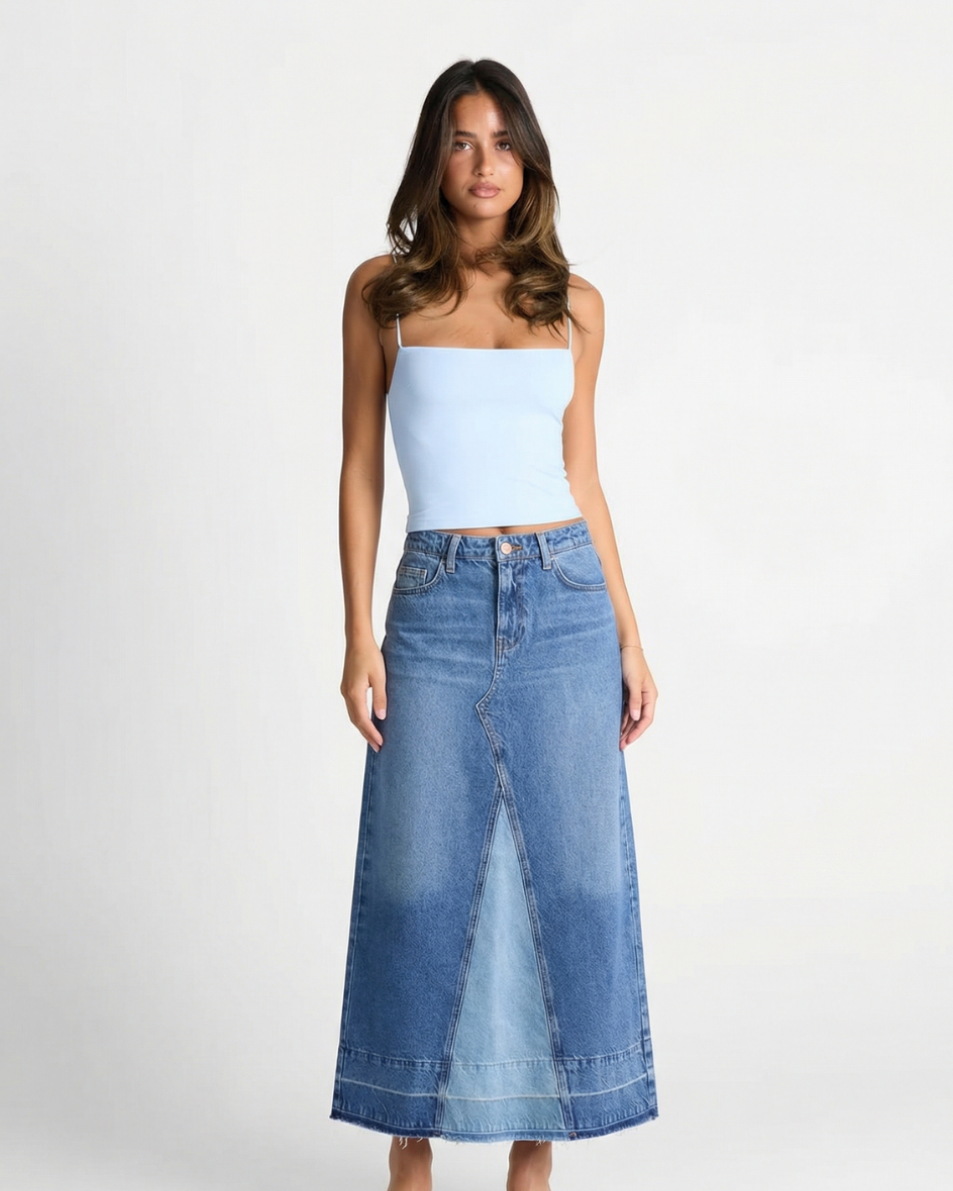 Charlotte | A-Line Contrast Panel Denim Maxi Skirt