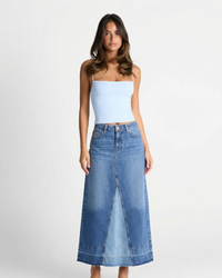 Charlotte | A-Line Contrast Panel Denim Maxi Skirt
