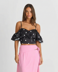 Juno | Satin Sweetheart Ruffled Off Shoulder Crop Top