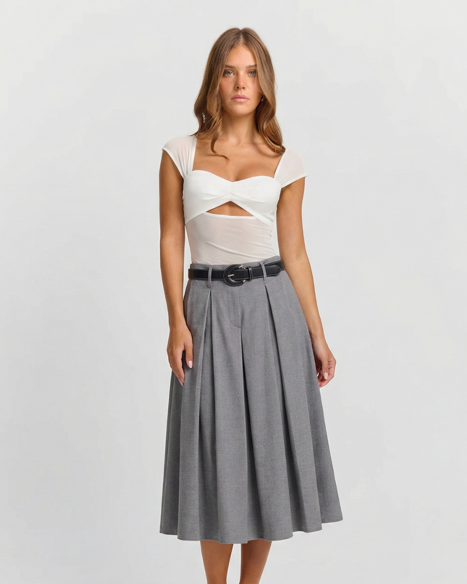 Bea | Pleated Midi Skirt Grey Belted High Waisted A Line Tailored
