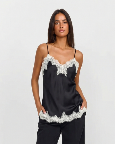 Sable | Elegant Lace Cami Top Satin Black Cream Trim