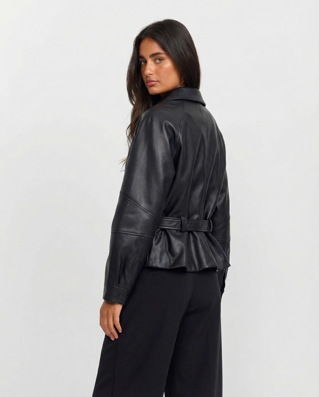 Lena | Leather Jacket Black Belted Cropped