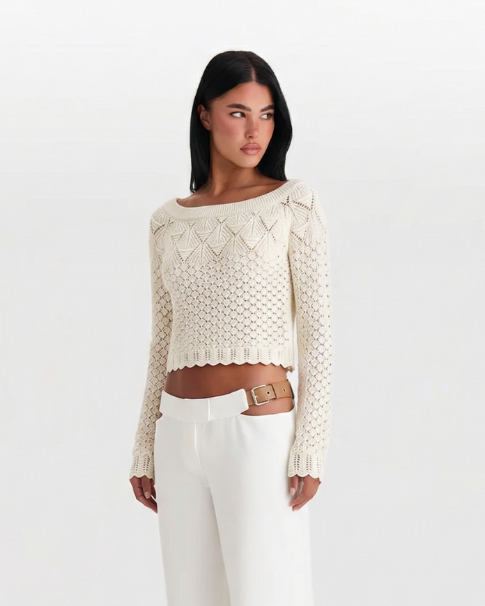 Freya | Wide Boat Neck Scallop Trim Open Crochet Crop Top