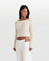 Freya | Wide Boat Neck Scallop Trim Open Crochet Crop Top