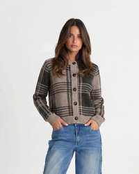 Edith | Plaid Pattern Button Front Crew Neck Cropped Cardigan