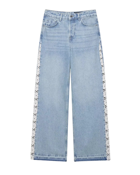 Thea | Wide Leg Jeans Light Blue High Waisted Crochet Panel