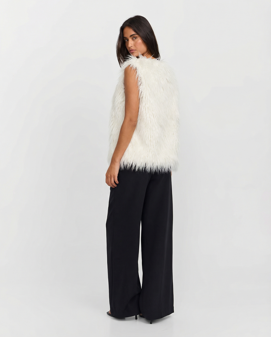Jemima | White Shaggy Faux Fur V-Neck Waistcoat