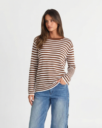 Violet | Horizontal Stripe Round Neck Ribbed Trim Relaxed Cotton Top