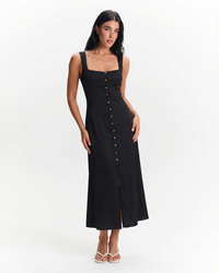 Paige | Square Neck Wide Strap Gold Button Front Split Linen Midi Dress