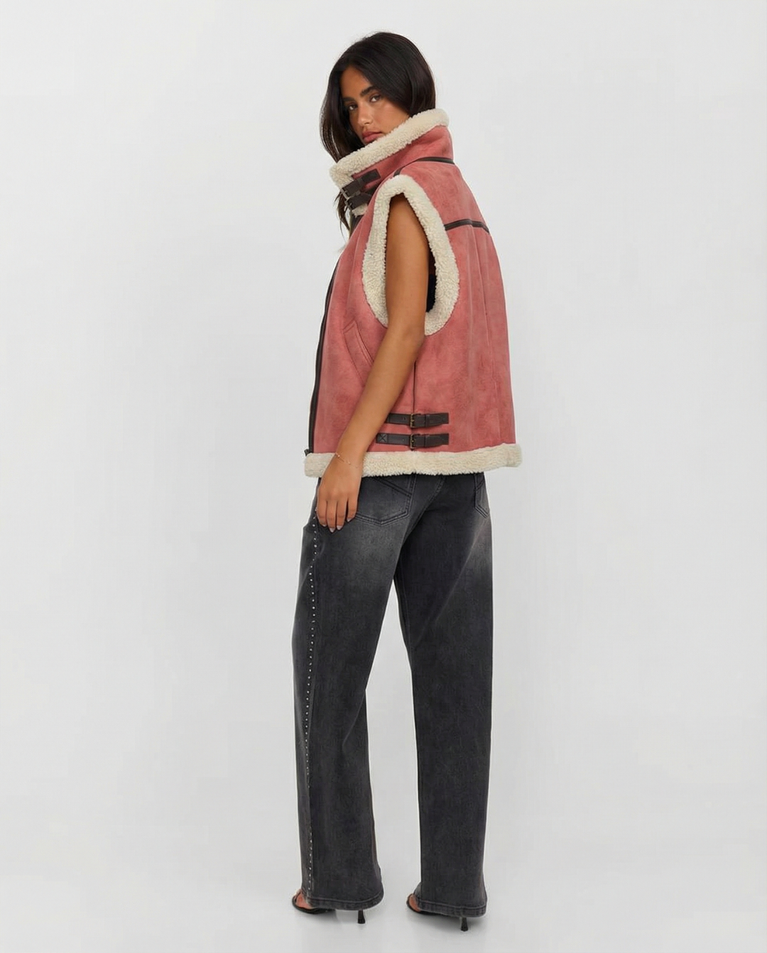 Quinn | Aviator Jacket Faux Fur Pink Sleeveless Shearling Gilet