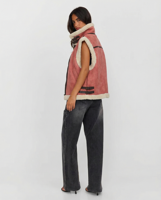 Quinn | Aviator Jacket Faux Fur Pink Sleeveless Shearling Gilet