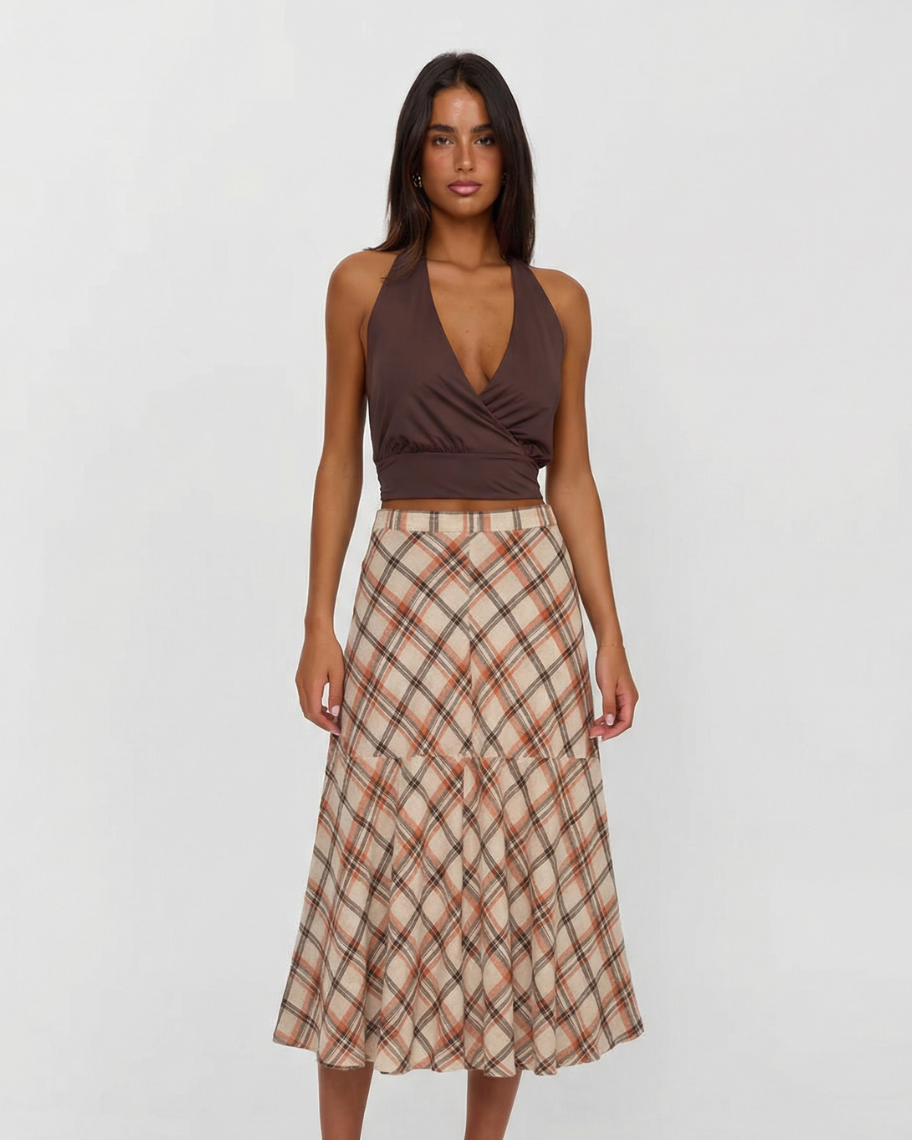 Maisie | Plaid Linen Pleated Midi Skirt