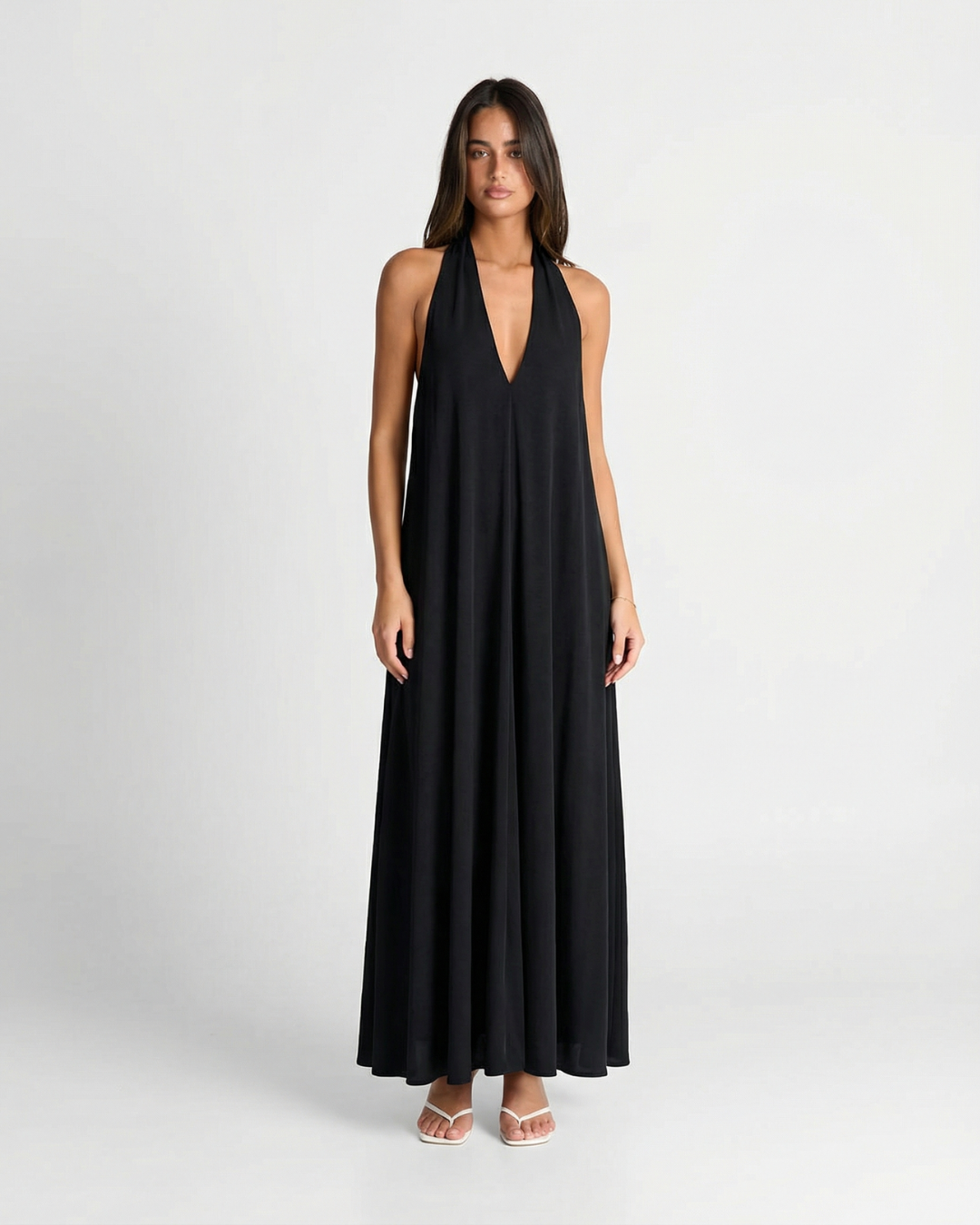Saffron | Deep V Halter Neck Flowing Maxi Premium Jersey Dress