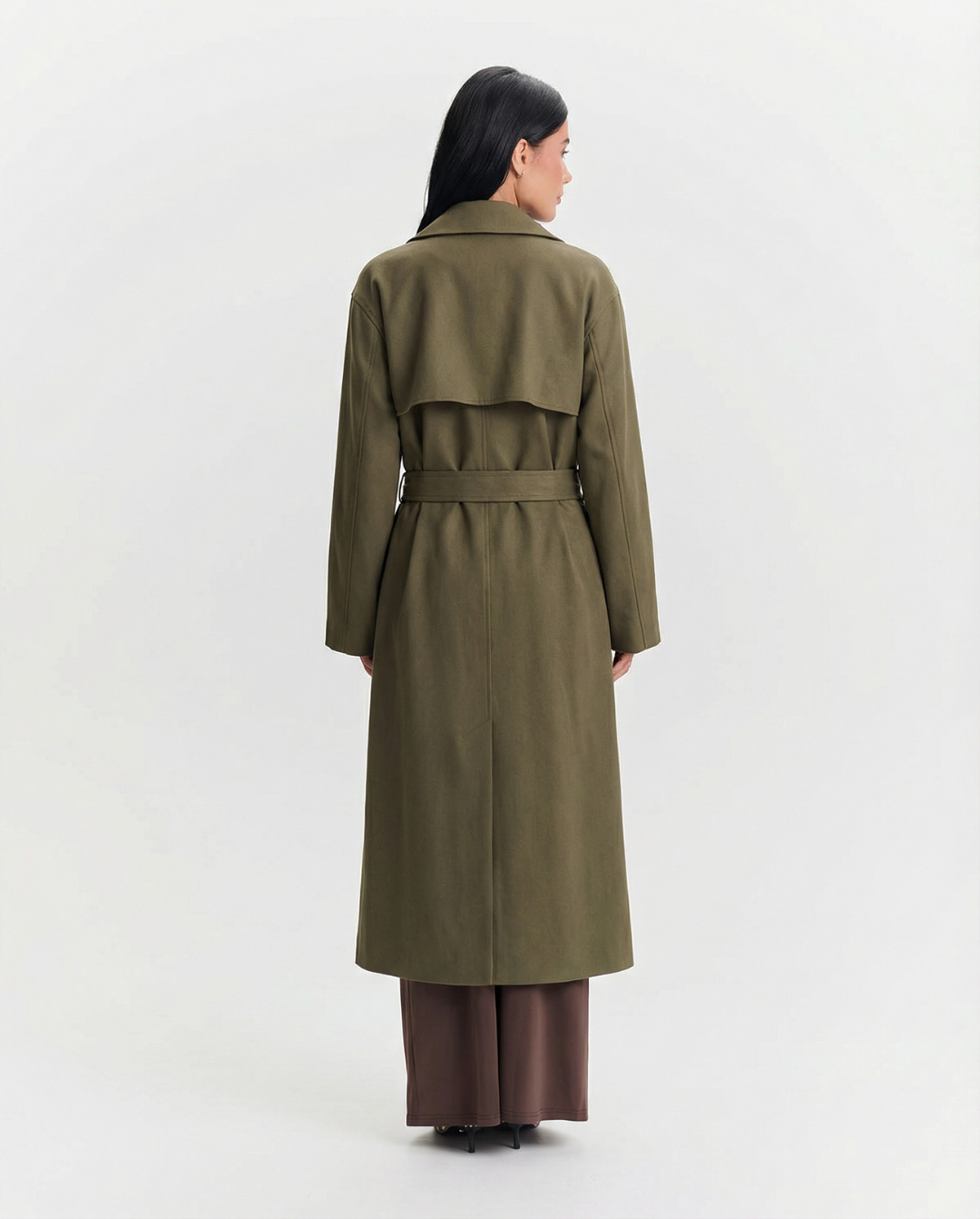 Ada | Elegant Longline Belted Coat Khaki Suede Effect