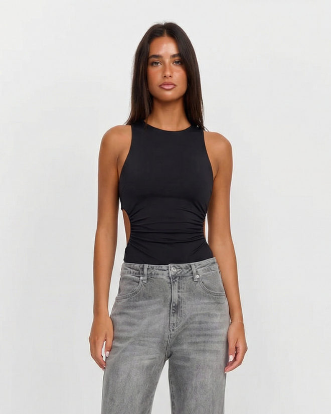 Heidi | Side Cut-Out Ruched Tank Top in Black