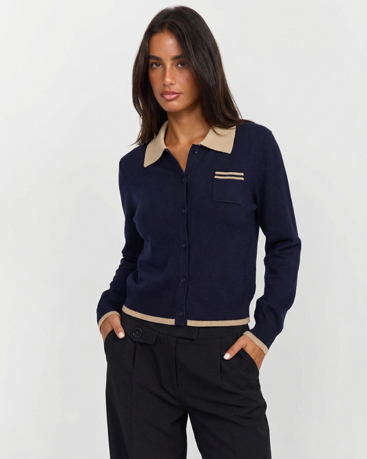 Harper | Black Elegant Knit Polo Cardigan with Contrast Collar