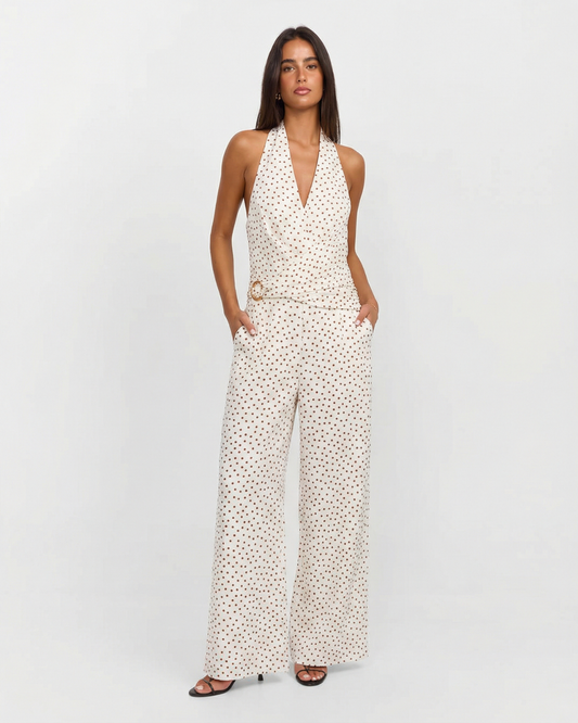 Ines | Halter Neck Jumpsuit Cream Polka Dot Wide Leg