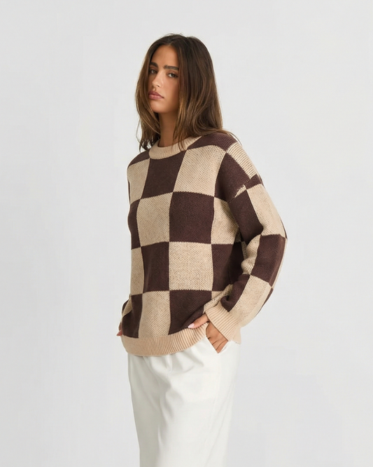 Fleur | Knitted Sweater Check Brown Cream Crew Neck