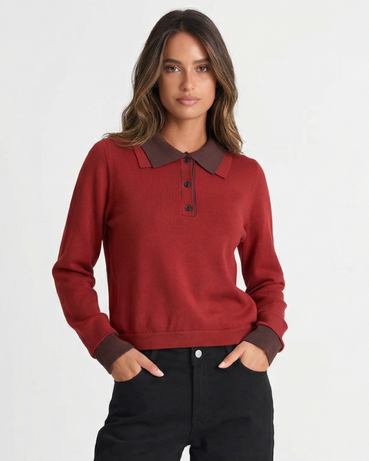 Hazel | Red Knit Long Sleeve Polo Jumper with Contrast Collar