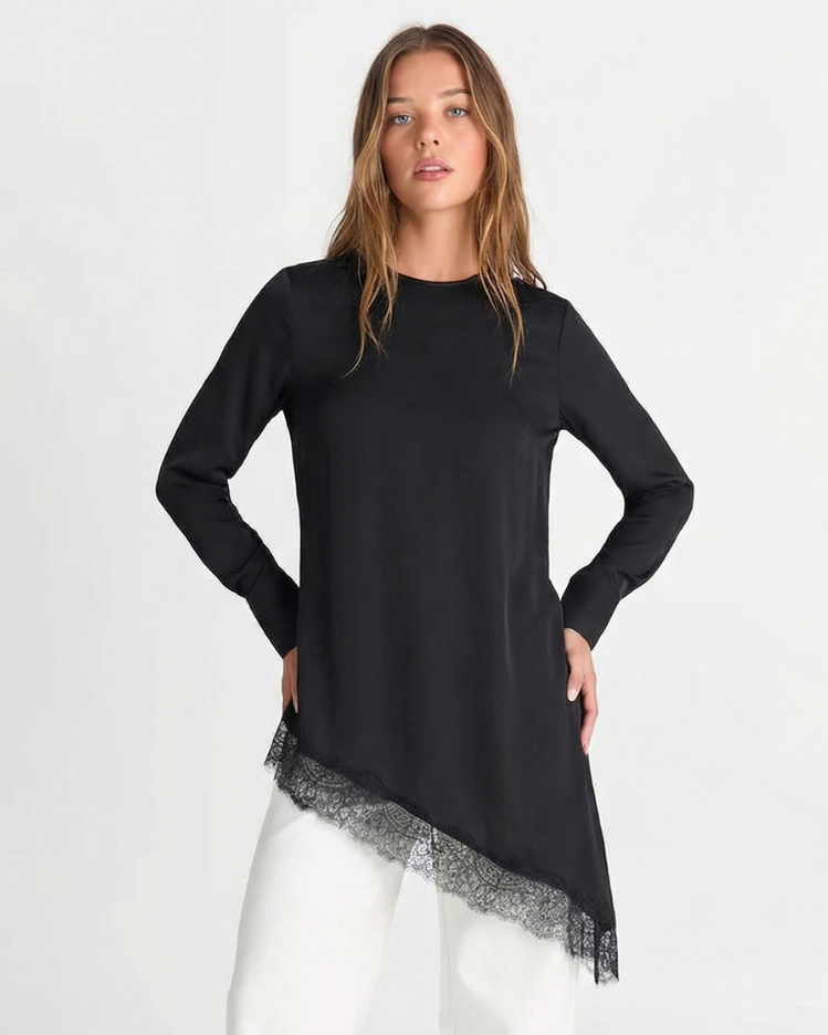 Lydia | Black Satin Lace Trim Tunic Top