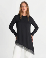 Lydia | Black Satin Lace Trim Tunic Top