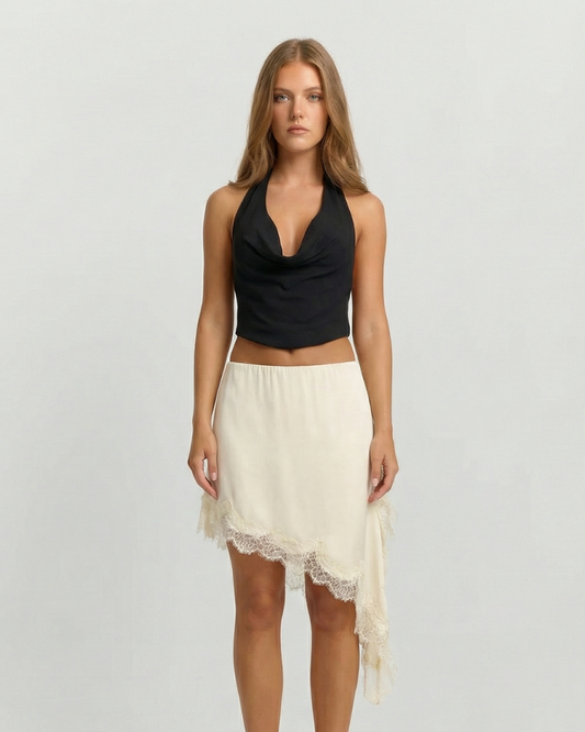 Lena | Satin Mini Skirt Cream Lace Trim Asymmetric