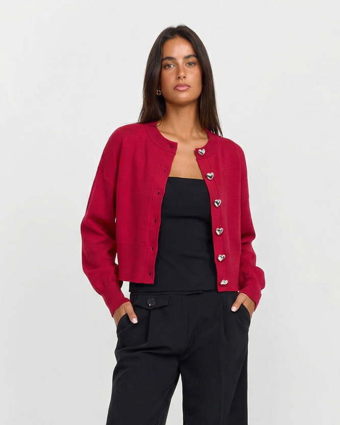 Effie | Heart Button Crew Neck Cropped Cardigan