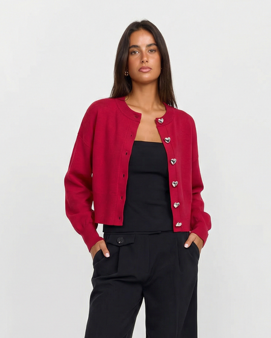 Margot | Coquette Cropped Cardigan Red Heart Buttons Long Sleeve
