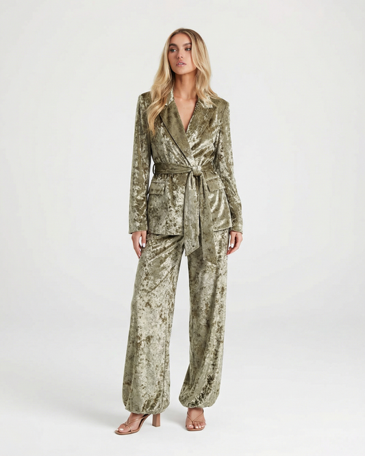 Elara | Winter Velvet Suit Khaki Green