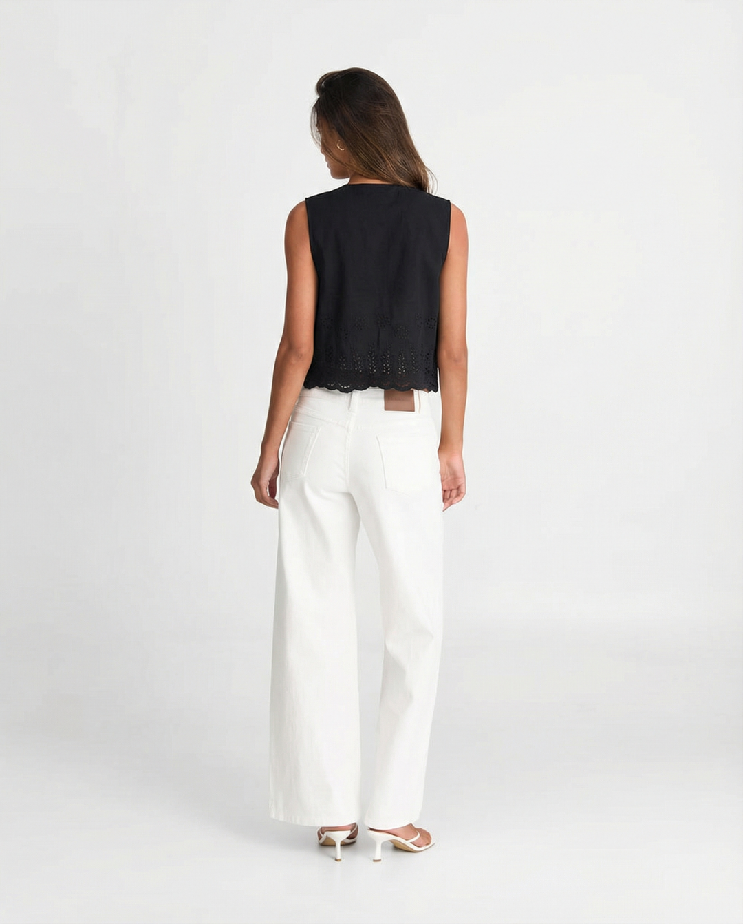 Iris | Lace Blouse Black Sleeveless Tie Front Broderie Anglaise