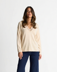 Niamh | V-Neck Lace Trim Long Sleeve Soft Knit Top