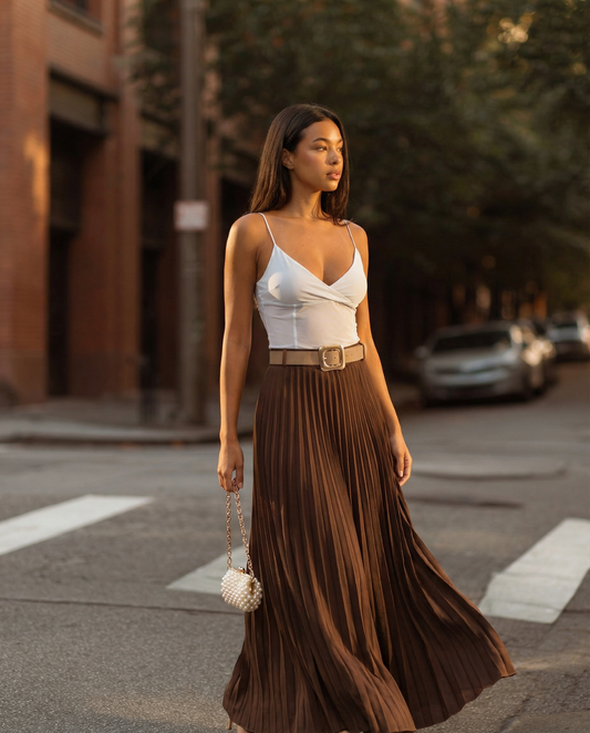 Gemma | Elegant Pleated Midi Skirt Cream Belted