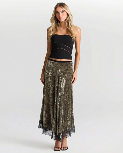 Nell | Elegant Velvet Maxi Skirt Green Lace Trim Pleated