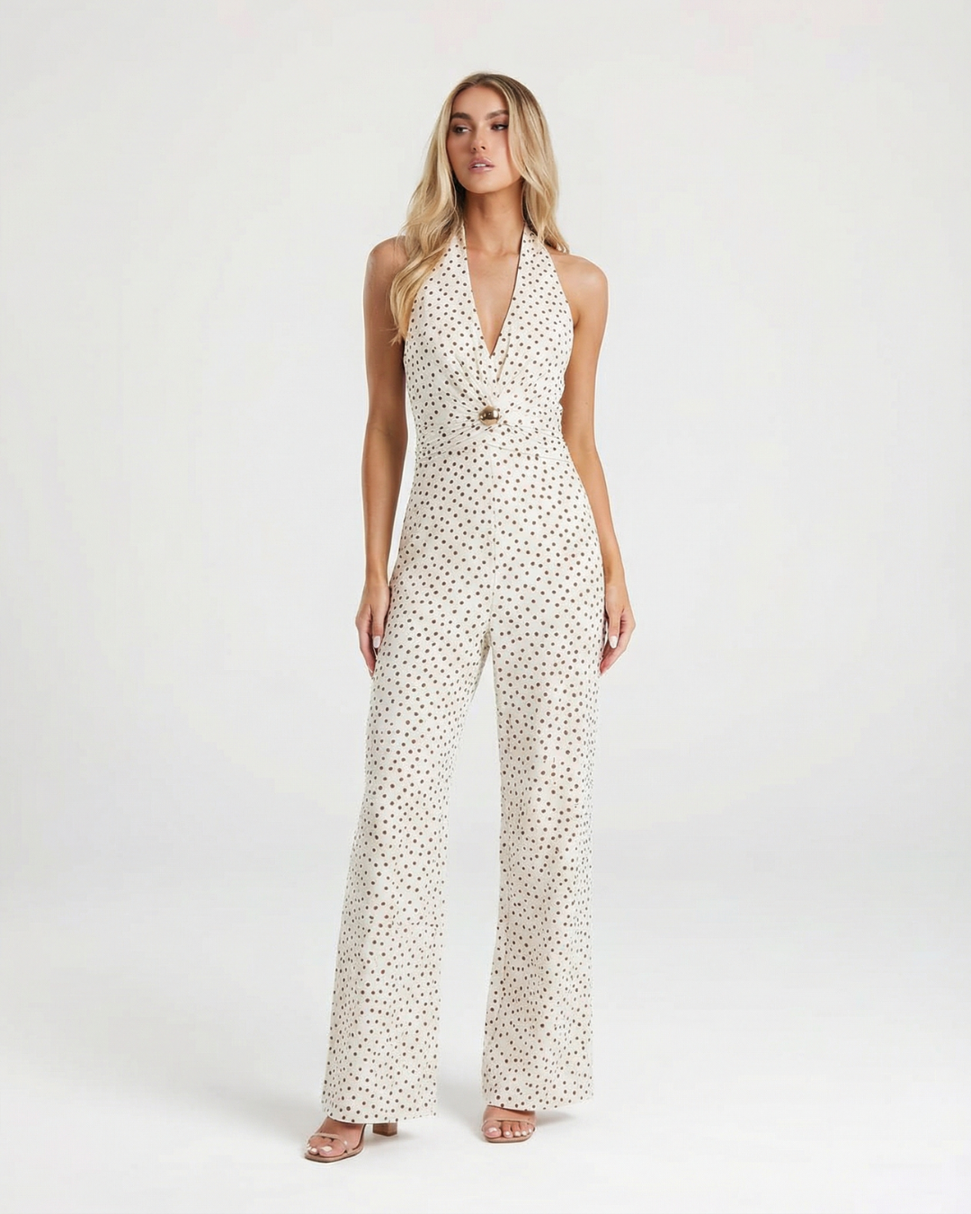Alicia | Deep V Halter Polka Dot Twisted Bust Gold Hardware Wide-Leg Jumpsuit in Cream