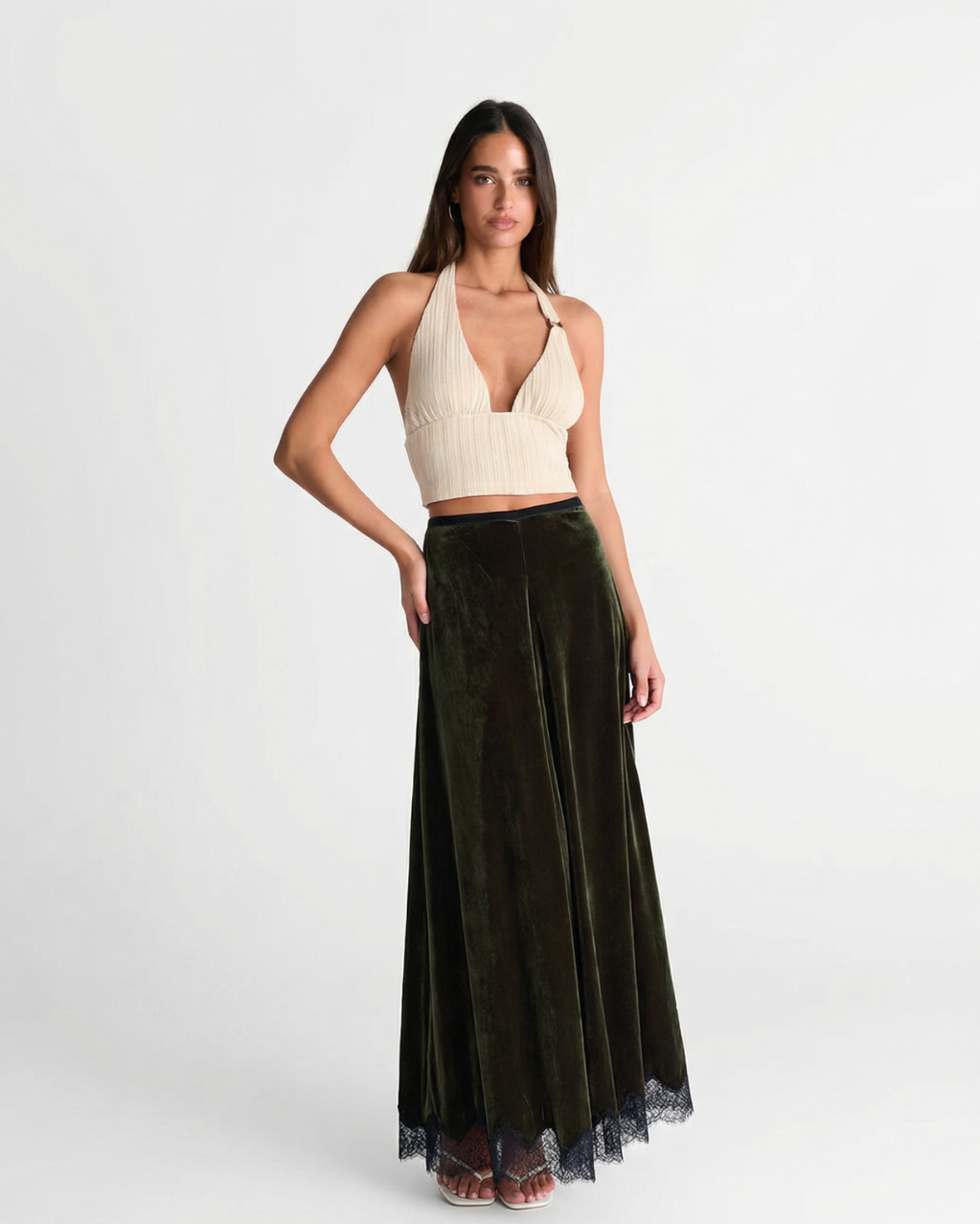 Nell | Velvet Maxi Skirt Green Lace Trim A Line