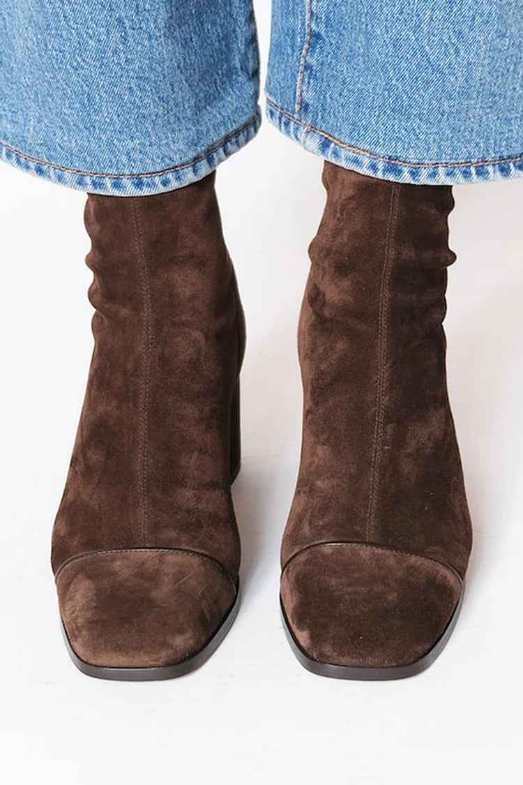 Camille | Women's Suede Block Heel Ankle Boots Dark Brown