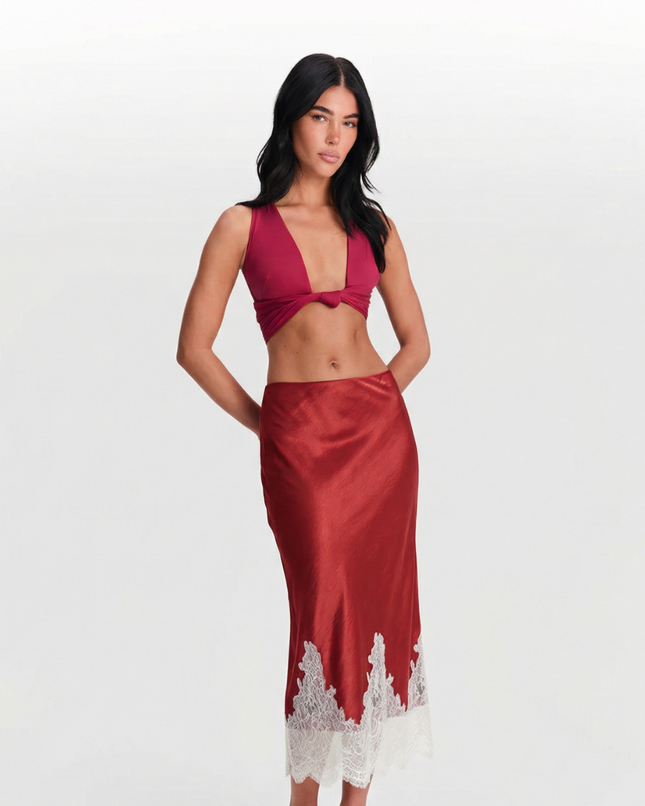 Erin | Lace Hem Satin Midi Slip Skirt