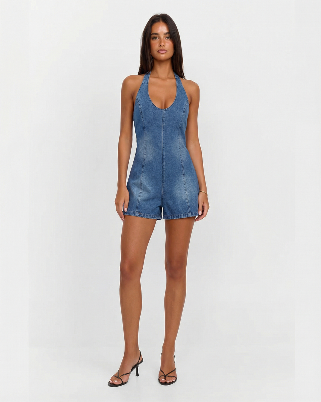 Skye | Halter Denim Romper in Blue