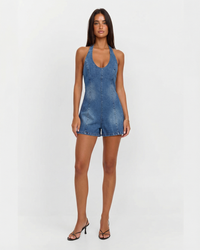 Skye | Halter Denim Romper in Blue