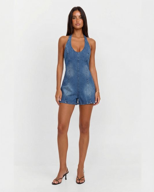 Celine | Denim Halter Neck Mini Jumpsuit Blue